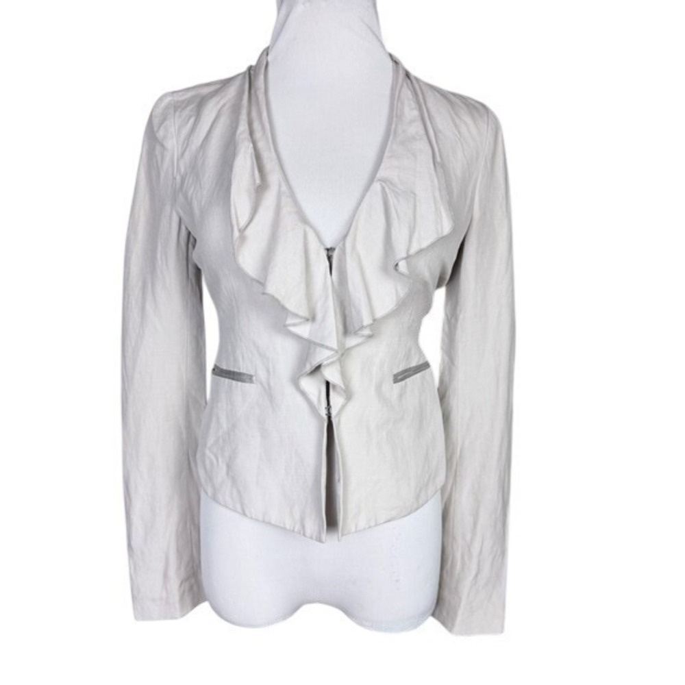 Rebecca Taylor Silk Linen Ruffle Corset Back Blazer Grey Sz 4 Victorian Romantic